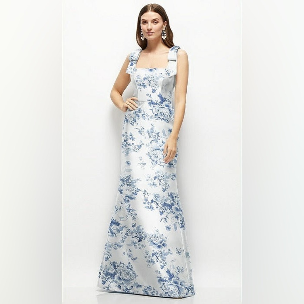 Alfred Sung Floral Bow Shoulders Satin Maxi Dress